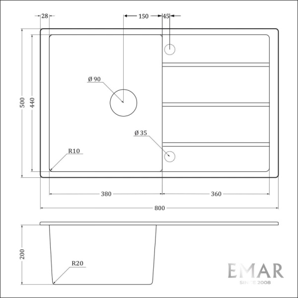 Кухонная мойка (80х50) EMAR EMQ-1800.Q Алмаз