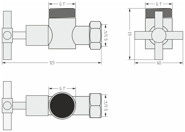 Вентиль Сунержа угловой крест (G 1" НР х G 3/4" НГ) 01-1304-0134 черный хром