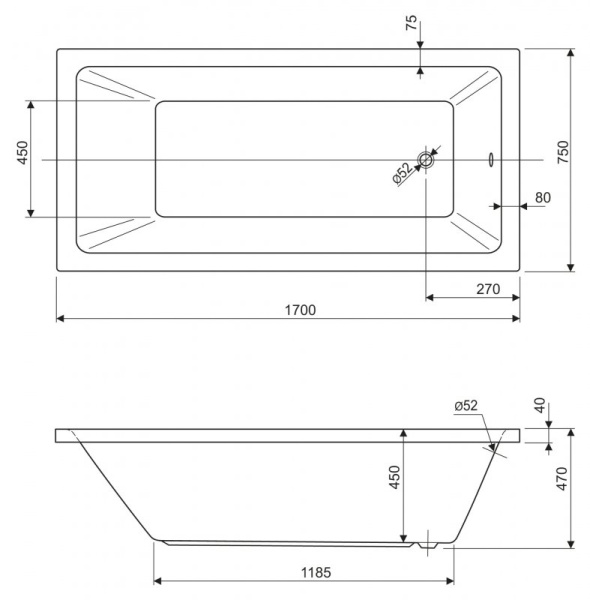 Акриловая ванна (170х75) CEZARES PLANE SOLO-170-75-45-W37