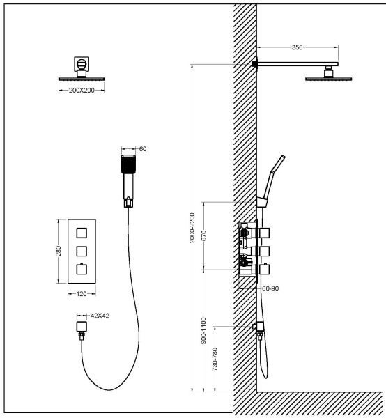 Душевая система встроенная с термостатом Timo Tetra-thermo черный SX-0179/03SM
