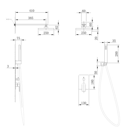 Душевой комплект ABBER Weiss Insel AF8018B скрытого монтажа без излива, черная матовая